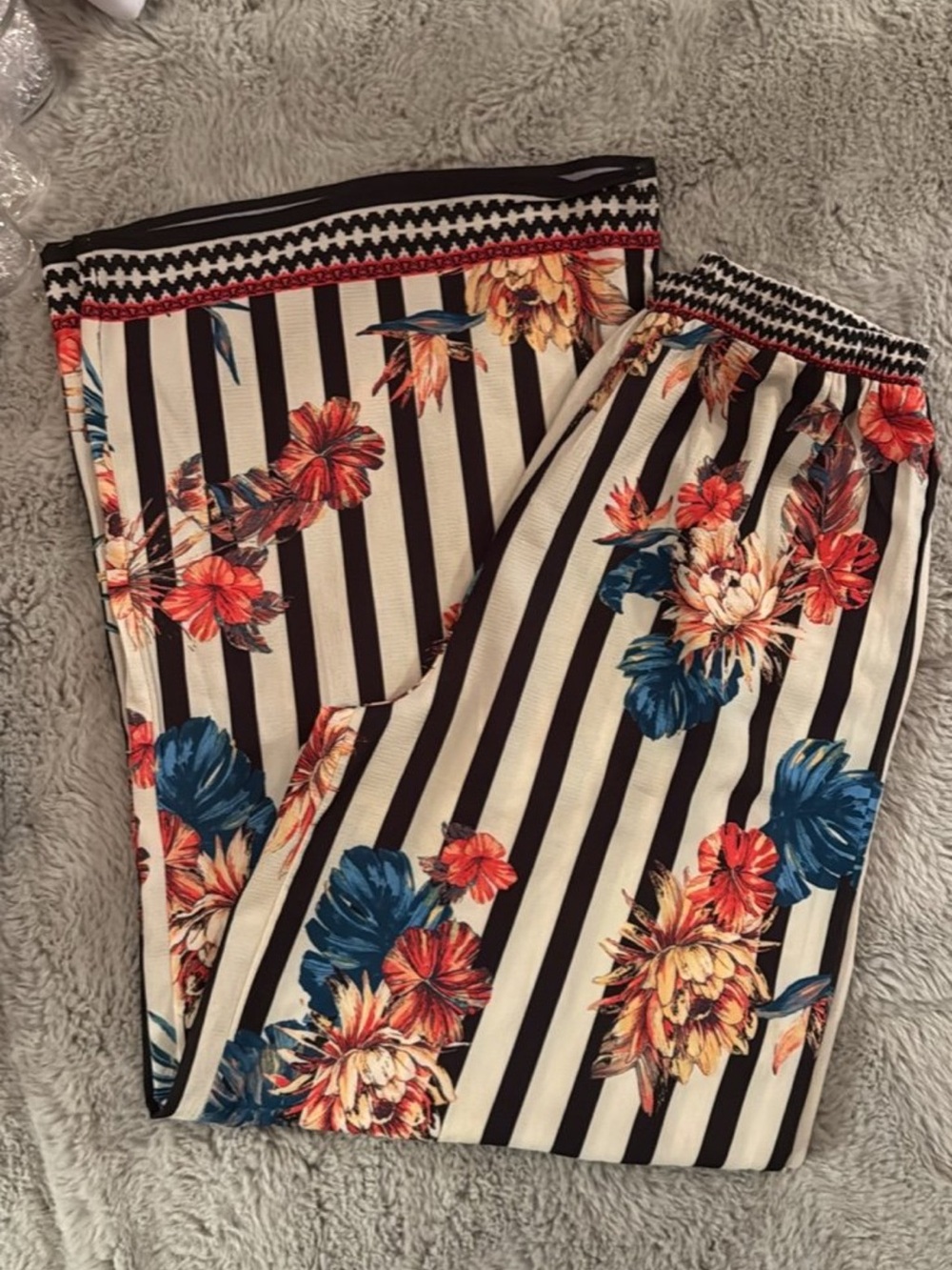 Floral Stripe Wide-Leg Pants - Blue, Red, Cream